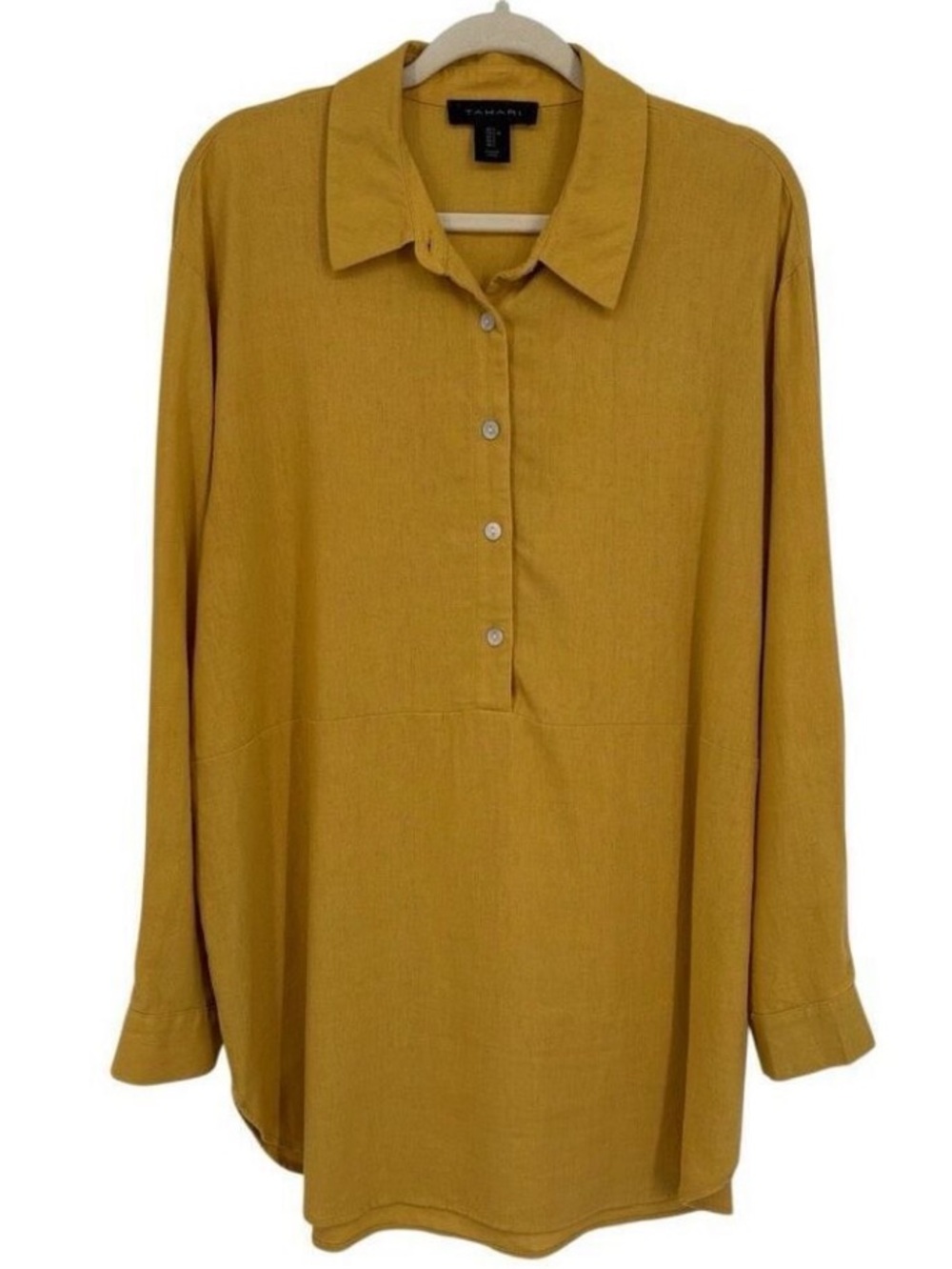 Tahari Linen Blend Yellow Tunic Top Roll Tab Long Sleeve Size Medium